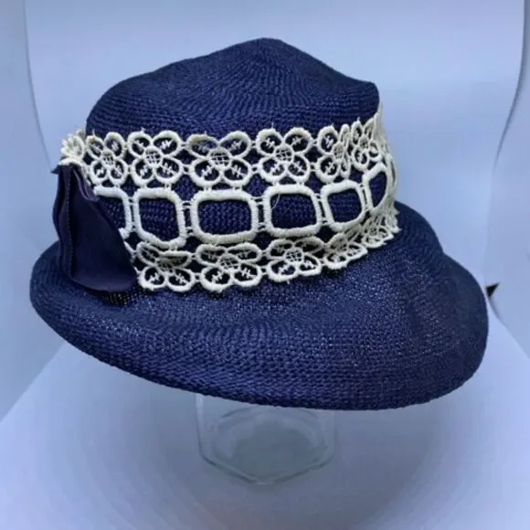 Vintage Union Made Blue & White Floral Lace Hat - Picture 6 of 9